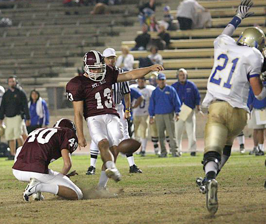 PHOTO BY JAMES CHOY: USC kicker Jacob Harfman kicks a 38-yard field goal during a game against Allan Hancock on Nov. 22, 2008. The Mounties won by a score of 52-14.